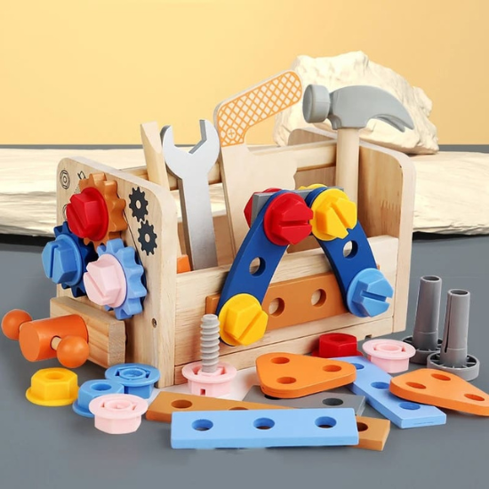 Kit de Ferramentas Montessori em Madeira com Bancada Interativa